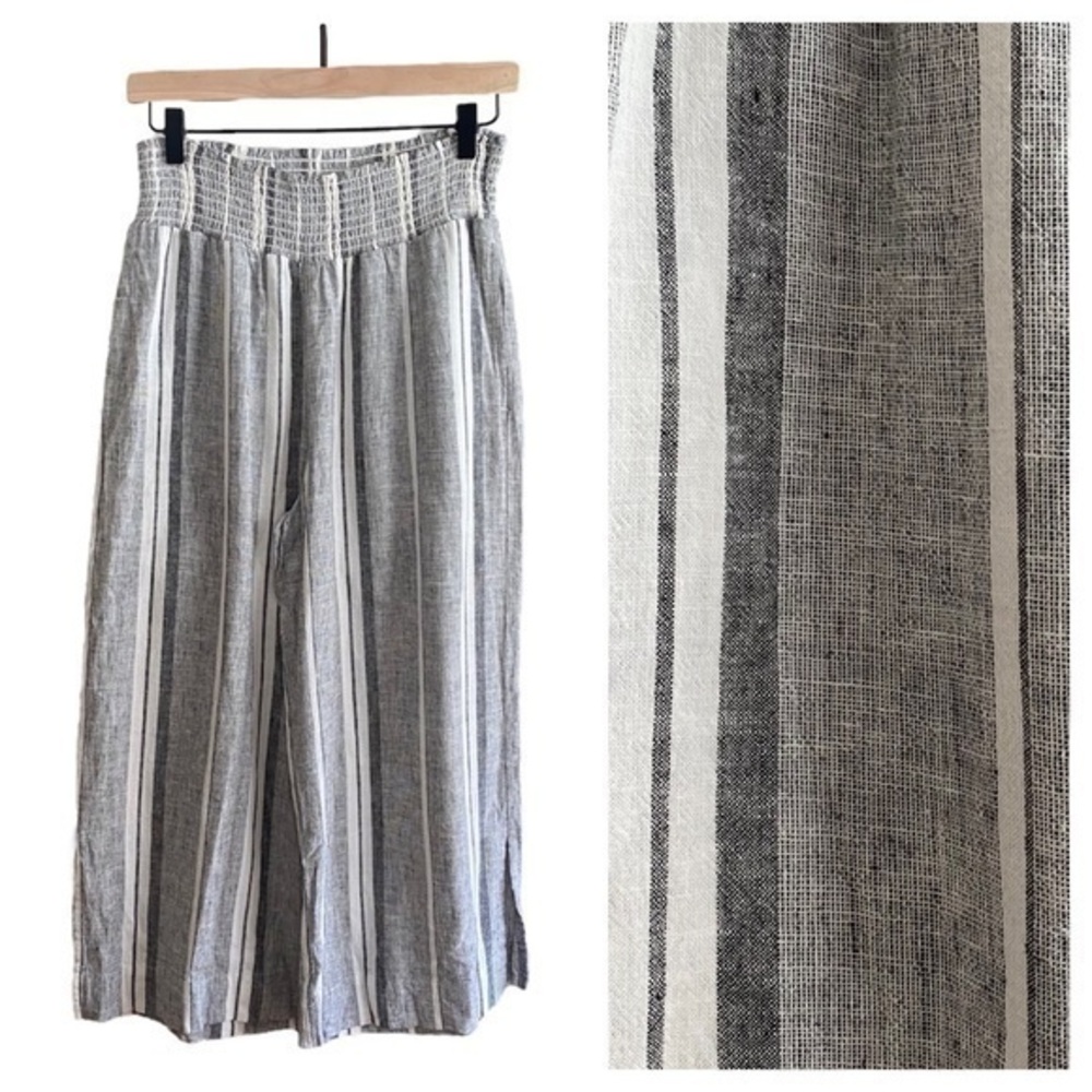 Cloth & Stone Gray White Stripe Linen Blend Wide Leg Cropped Pants Small